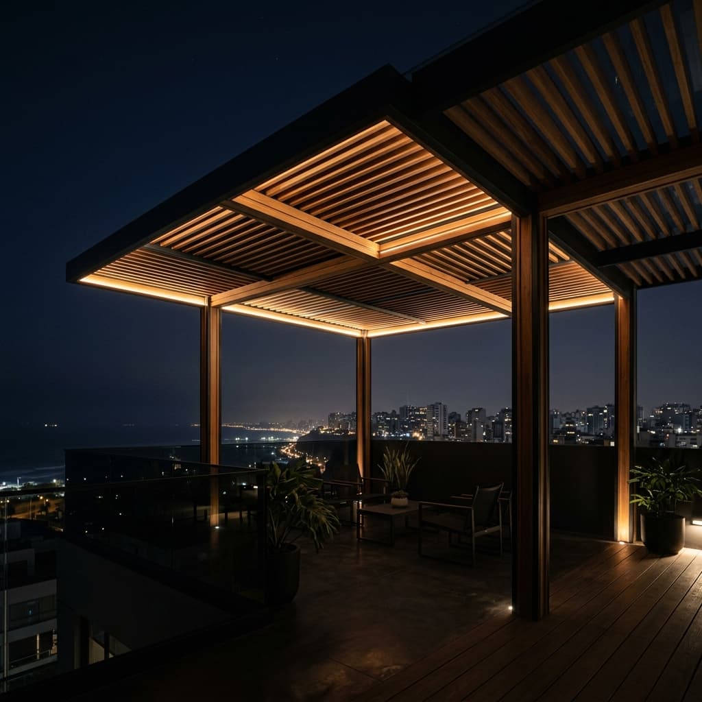 Terraza con techo sol y sombra de madera con luz cálida filtrada.